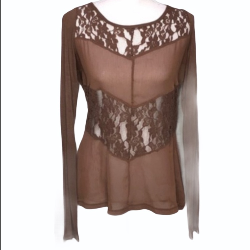 Jolt Long Sleeve Sheer Brown Lace Shirt